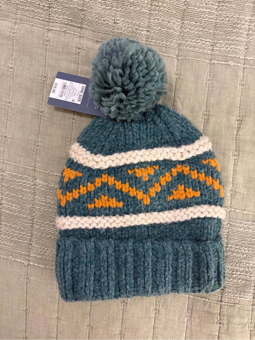 A New Day Women's Fair Isle Knit Pom-Pom Beanie Hat Teal One Size Brand New